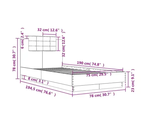 Gultas Rāmis Ar Galvgali, Melns, 75X190 Cm, Inženierijas Koks Vidaxl