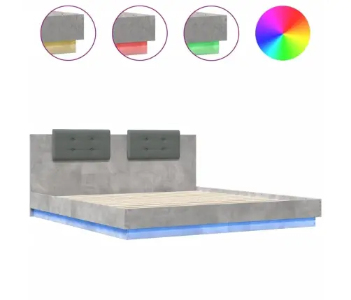 Gultas Rāmis Ar Galvgali Un Led, Betona Pelēks, 160X200 Cm Vidaxl