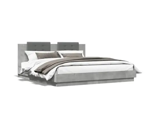 Gultas Rāmis Ar Galvgali Un Led, Betona Pelēks, 160X200 Cm Vidaxl