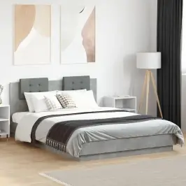 Gultas Rāmis Ar Galvgali Un Led, Betona Pelēks, 140X200 Cm Vidaxl