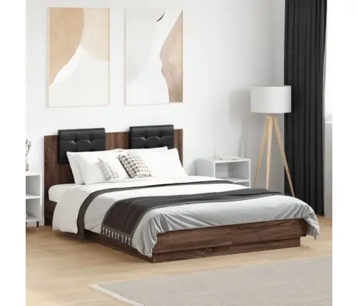 Gultas Rāmis Ar Galvgali Un Led, Koka Krāsa, 135X190 Cm Vidaxl
