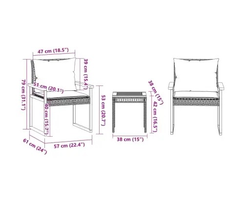 Bistro Komplektas Su Pagalvėlėmis, 3 Dalių, Smėlio, Poliratanas