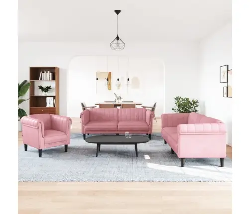 Trīsdaļīgs Dīvānu Komplekts, Rozā Samts Vidaxl Trīsdaļīgs Dīvānu Komplekts, Rozā Samts Vidaxl