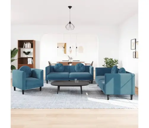 Sofos Komplektas Su Pagalvėmis, 3 Dalių, Mėlynas, Aksomas