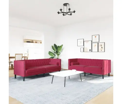 2-Osaline Diivanite Komplekt Rullpatjadega, Veinipunane, Samet