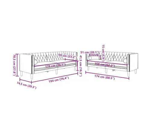 2-Osaline Diivanite Komplekt Rullpatjadega, Must, Samet