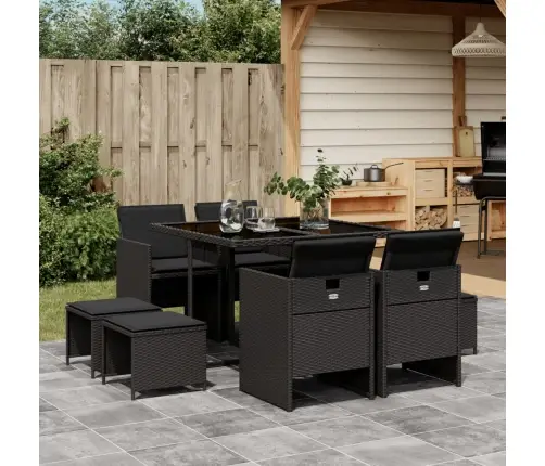 9-Daļīgs Dārza Mēbeļu Komplekts, Matrači, Melns, Pe Rotangpalma Vidaxl