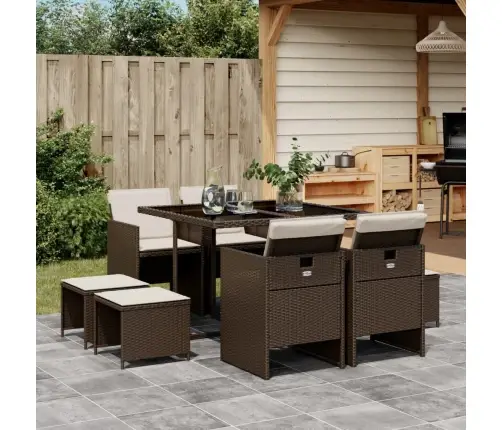 9-Osaline Aia Söögimööbli Komplekt Patjadega, Pruun, Polürotang