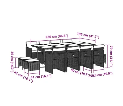 13-Osaline Aia Söögimööbli Komplekt Patjadega, Hall, Polürotang