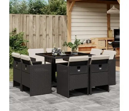 9-Daļīgs Dārza Mēbeļu Komplekts, Matrači, Melns, Pe Rotangpalma Vidaxl