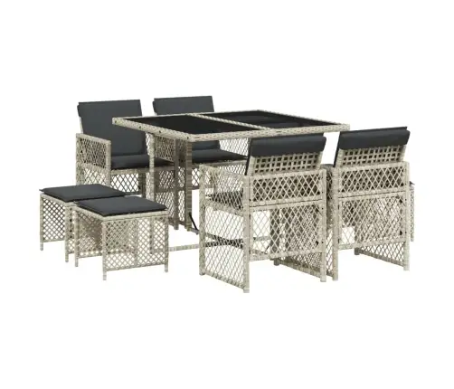 9-Daļīgs Dārza Mēbeļu Komplekts, Matrači,Gaiši Pelēka Pe Pinums Vidaxl