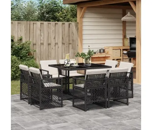 9-Daļīgs Dārza Mēbeļu Komplekts, Matrači, Melns, Pe Rotangpalma Vidaxl