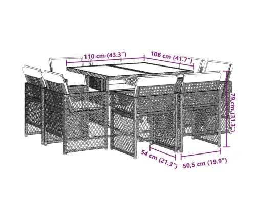 9-Osaline Aiamööbli Komplekt Patjadega, Helehall, Polürotang