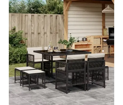 9-Daļīgs Dārza Mēbeļu Komplekts, Matrači, Melns, Pe Rotangpalma Vidaxl