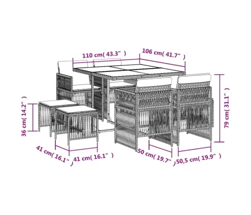 9-Daļīgs Dārza Mēbeļu Komplekts, Matrači, Melns, Pe Rotangpalma Vidaxl