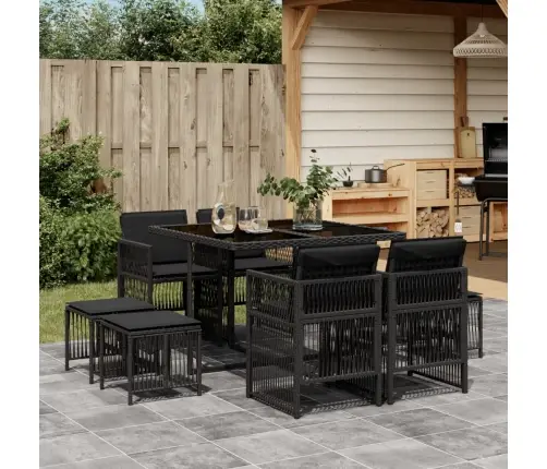 9-Daļīgs Dārza Mēbeļu Komplekts, Matrači, Melns, Pe Rotangpalma Vidaxl