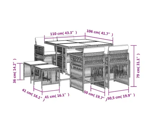 9-Daļīgs Dārza Mēbeļu Komplekts, Matrači, Brūna Pe Rotangpalma Vidaxl