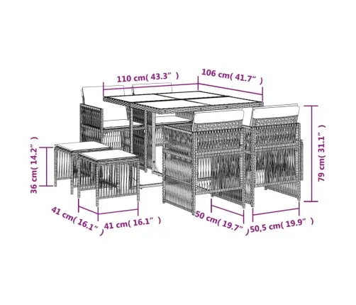 9-Osaline Aiamööbli Komplekt Patjadega, Helehall, Polürotang