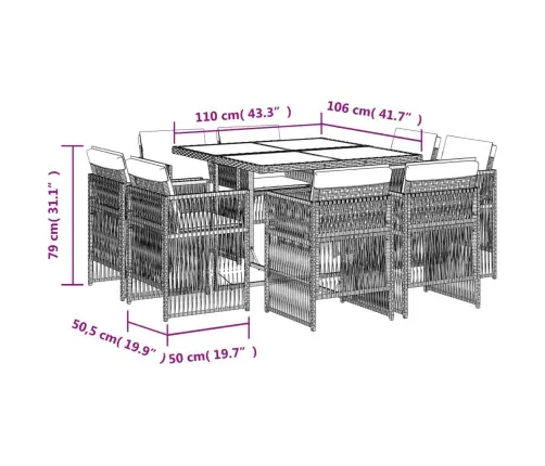 9-Osaline Aiamööbli Komplekt Patjadega, Helehall, Polürotang