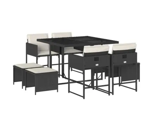 9-Daļīgs Dārza Mēbeļu Komplekts, Matrači, Melns, Pe Rotangpalma Vidaxl