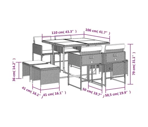 9-Osaline Aia Söögimööbli Komplekt Patjadega, Pruun, Polürotang