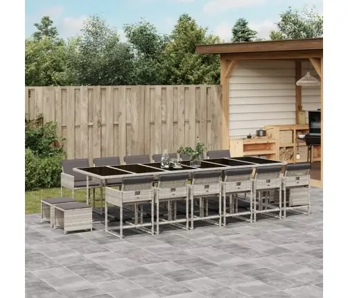 17-Osaline Aia Söögimööbli Komplekt Patjadega, Hall, Polürotang