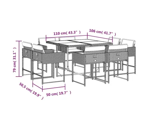 9-Daļīgs Dārza Mēbeļu Komplekts, Matrači, Melns, Pe Rotangpalma Vidaxl