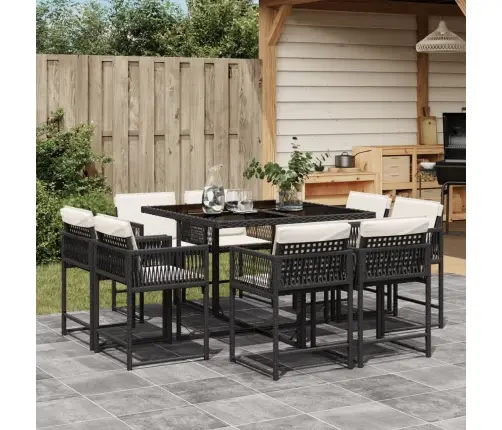 9-Daļīgs Dārza Mēbeļu Komplekts, Matrači, Melns, Pe Rotangpalma Vidaxl