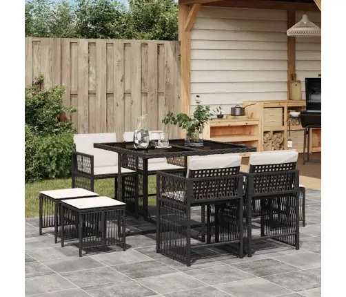 9-Daļīgs Dārza Mēbeļu Komplekts, Matrači, Melns, Pe Rotangpalma Vidaxl