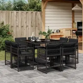 9-Daļīgs Dārza Mēbeļu Komplekts, Matrači, Melns, Pe Rotangpalma Vidaxl