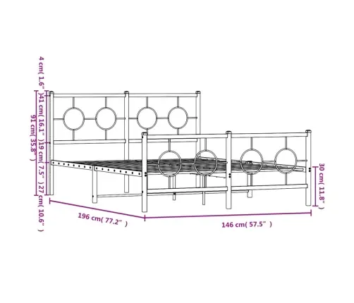 Gultas Rāmis Ar Galvgali Un Kājgali, Balts Metāls, 140X190 Cm Vidaxl