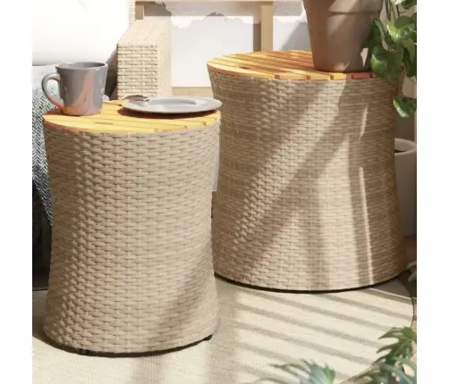 Dārza Galdiņi, 2 Gab., Koka Virsma, Bēši, Pe Rotangpalma Vidaxl