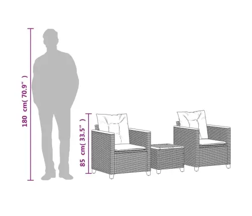 3-Daļīgs Bistro Mēbeļu Komplekts, Matrači,Pelēka Pe Rotangpalma Vidaxl