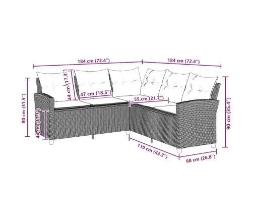 L-Veida Dīvāns Ar Spilveniem Pelēks Polirotangpalmas Vidaxl