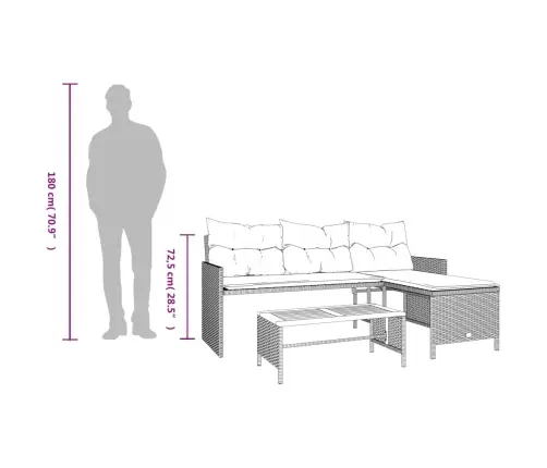 Sodo Sofa Su Stalu/Pagalvėlėmis, Juoda, Poliratanas, L Formos
