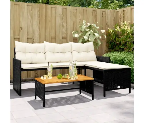 Sodo Sofa Su Stalu/Pagalvėlėmis, Juoda, Poliratanas, L Formos