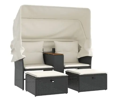 Divvietīgs Dārza Dīvāns Ar Jumtiņu Un Taburetēm, Melns, Pe Vidaxl