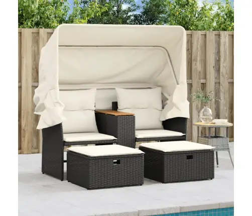 Divvietīgs Dārza Dīvāns Ar Jumtiņu Un Taburetēm, Melns, Pe Vidaxl