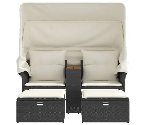 Divvietīgs Dārza Dīvāns Ar Jumtiņu Un Taburetēm, Melns, Pe Vidaxl