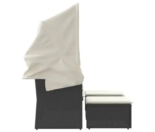 Divvietīgs Dārza Dīvāns Ar Jumtiņu Un Taburetēm, Melns, Pe Vidaxl