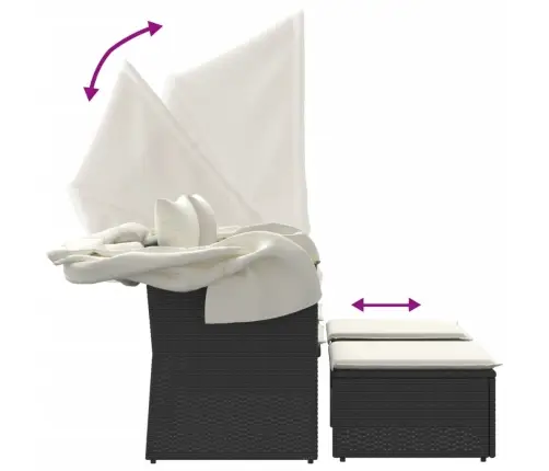 Divvietīgs Dārza Dīvāns Ar Jumtiņu Un Taburetēm, Melns, Pe Vidaxl