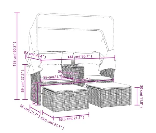Divvietīgs Dārza Dīvāns Ar Jumtiņu Un Taburetēm, Melns, Pe Vidaxl