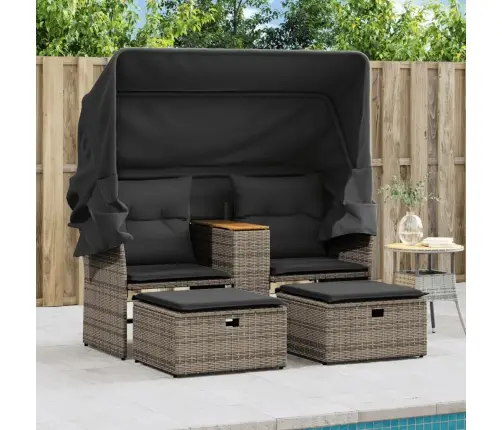 Divvietīgs Dārza Dīvāns Ar Jumtiņu Un Krēsliem, Pelēks, Pe Vidaxl