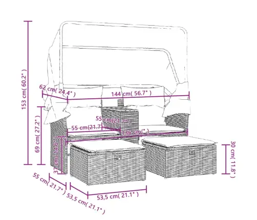 Divvietīgs Dārza Dīvāns Ar Jumtiņu Un Krēsliem, Pelēks, Pe Vidaxl