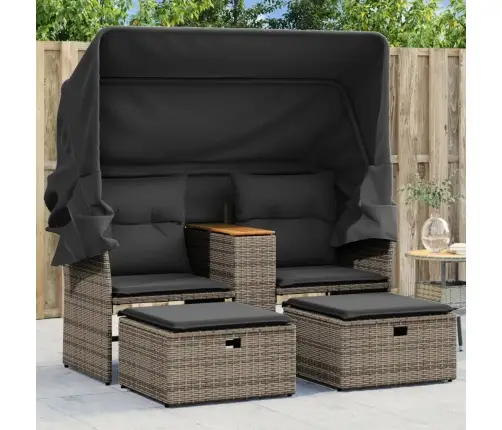 Divvietīgs Dārza Dīvāns Ar Jumtiņu Un Krēsliem, Pelēks, Pe Vidaxl