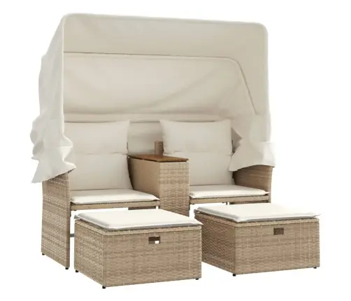 Divvietīgs Dārza Dīvāns Ar Jumtiņu Un Soliņiem, Bēšs, Pe Vidaxl