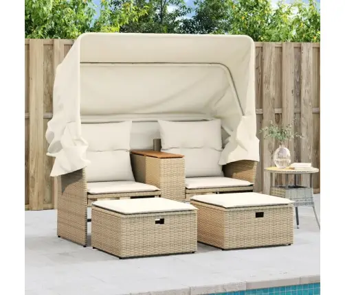 Divvietīgs Dārza Dīvāns Ar Jumtiņu Un Soliņiem, Bēšs, Pe Vidaxl