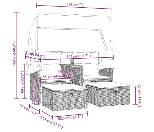 Divvietīgs Dārza Dīvāns Ar Jumtiņu Un Soliņiem, Bēšs, Pe Vidaxl