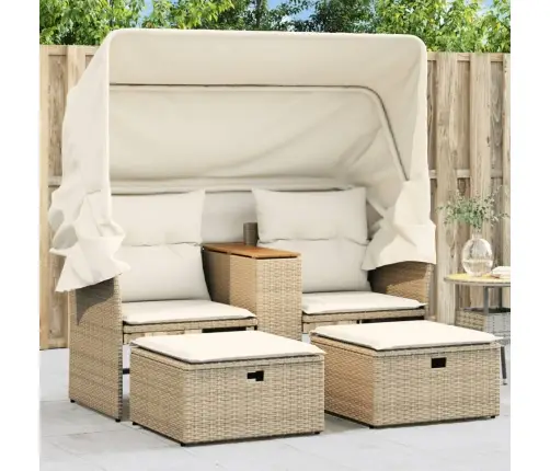 Divvietīgs Dārza Dīvāns Ar Jumtiņu Un Soliņiem, Bēšs, Pe Vidaxl