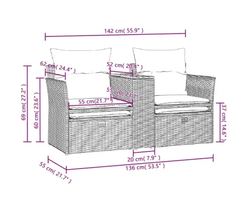 Divvietīgs Dārza Dīvāns Ar Soliem, Melns, Pe Rotangpalma Vidaxl